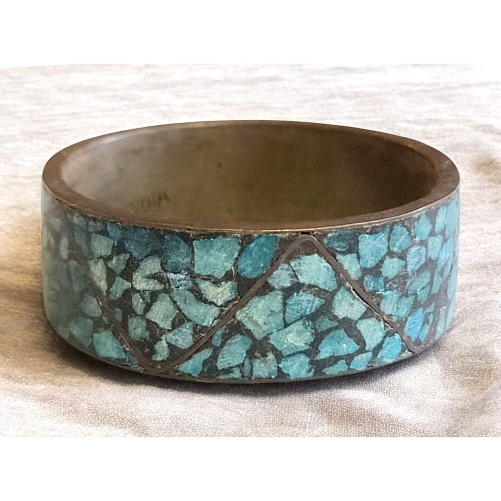 Vintage Brass Bracelet Made India Mosaic Turquoise Bangle